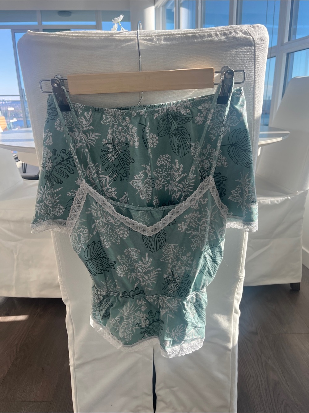 Sea Green Floral Lace Trim Pajama Set